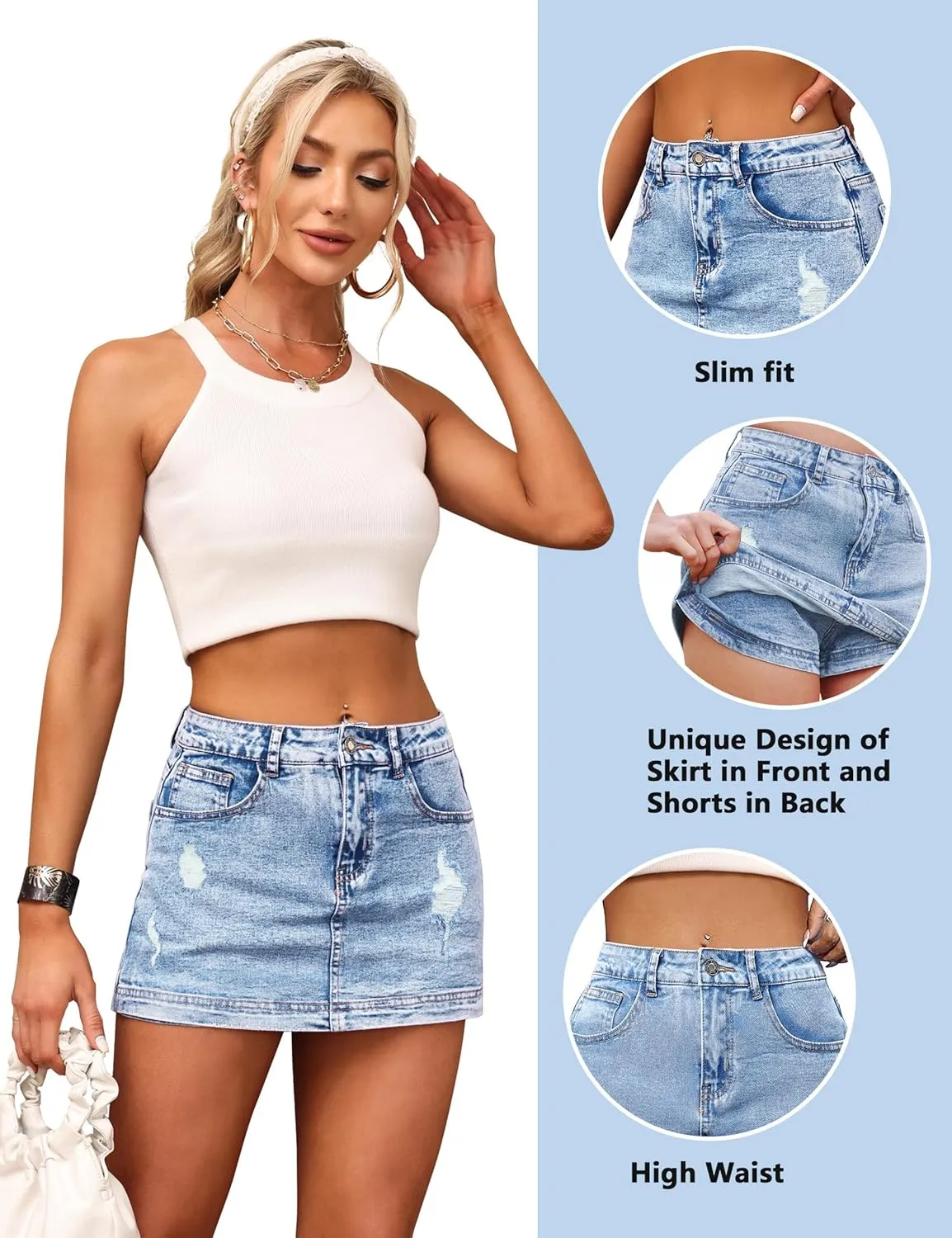 BISUAL Denim Skort for Women High Waist Ripped Mini Denim Skirt Casual Distressed Stretch Women Jean Skirt