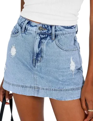 BISUAL Denim Skort for Women High Waist Ripped Mini Denim Skirt Casual Distressed Stretch Women Jean Skirt