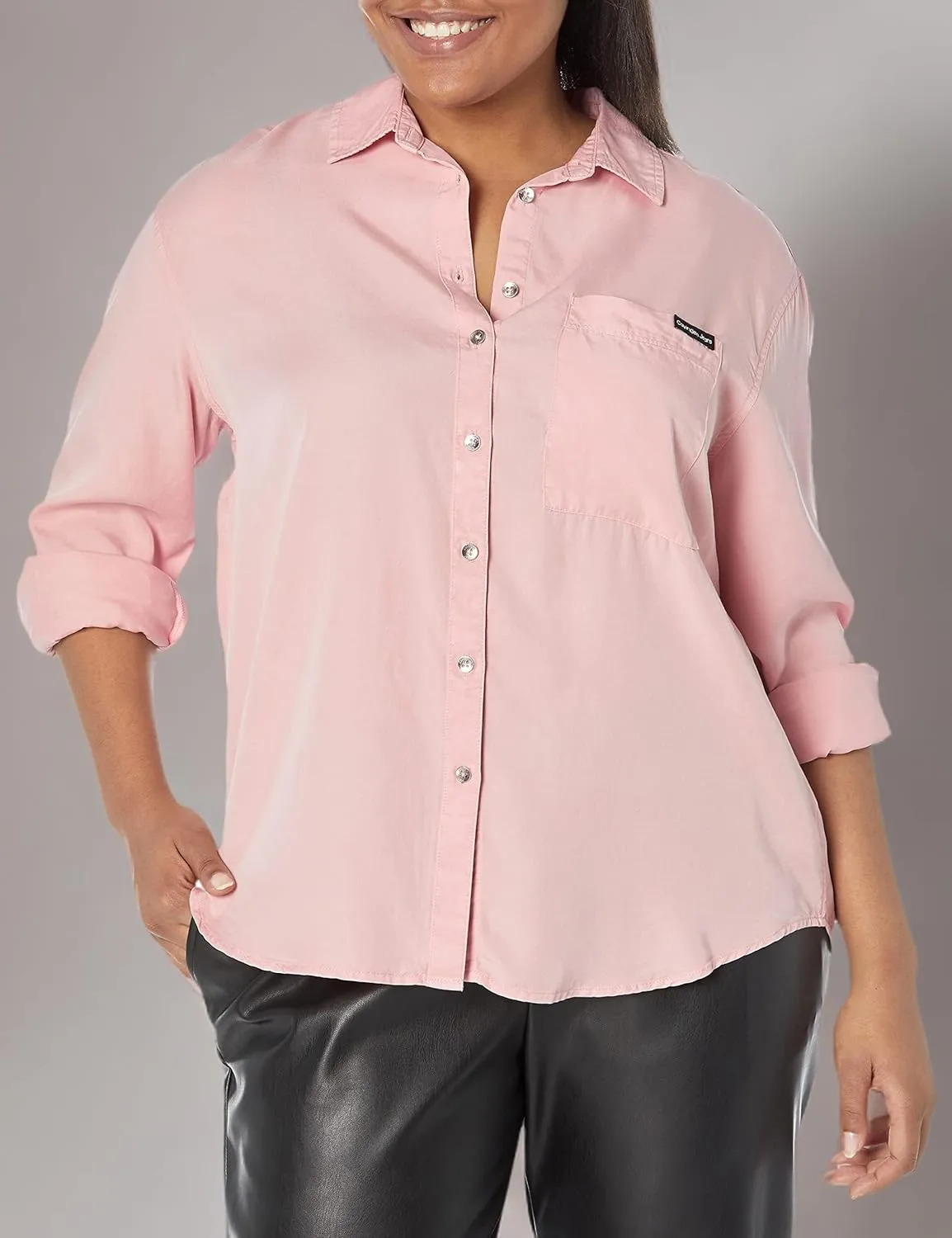 Calvin Klein Women's Split Hem Button Down Shirt with Roll Tab Sleeves
