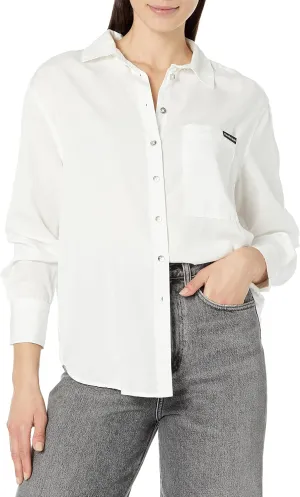 Calvin Klein Women's Split Hem Button Down Shirt with Roll Tab Sleeves