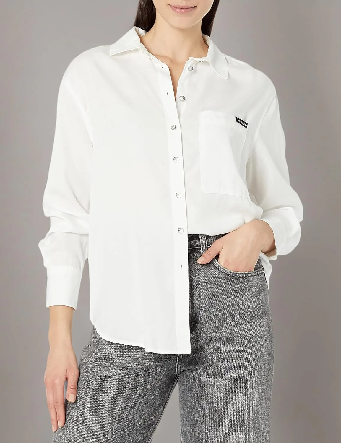 Calvin Klein Women's Split Hem Button Down Shirt with Roll Tab Sleeves
