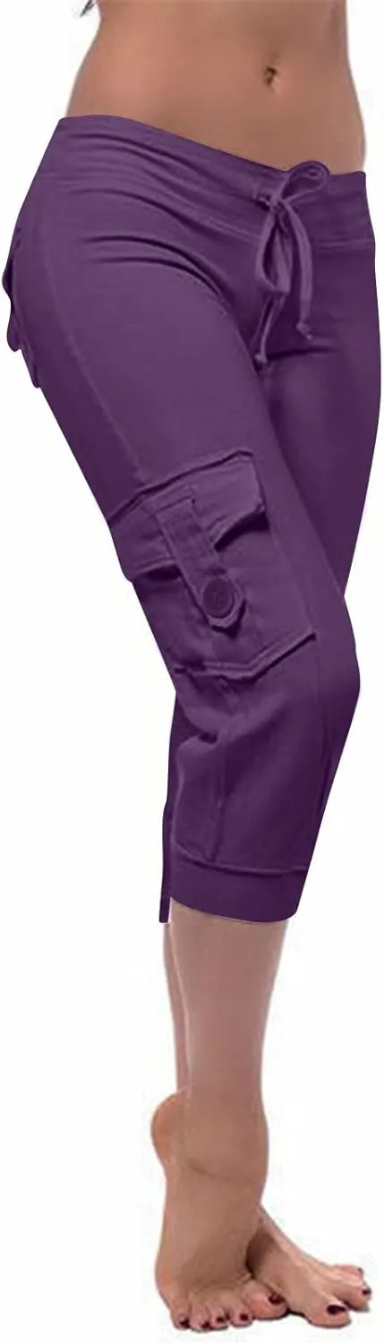 Ceboyel Capris for Women Casual Summer 3/4 Length Cropped Pants High Waist Ladies Cargo Capri Drawstring Trousers with Pocket