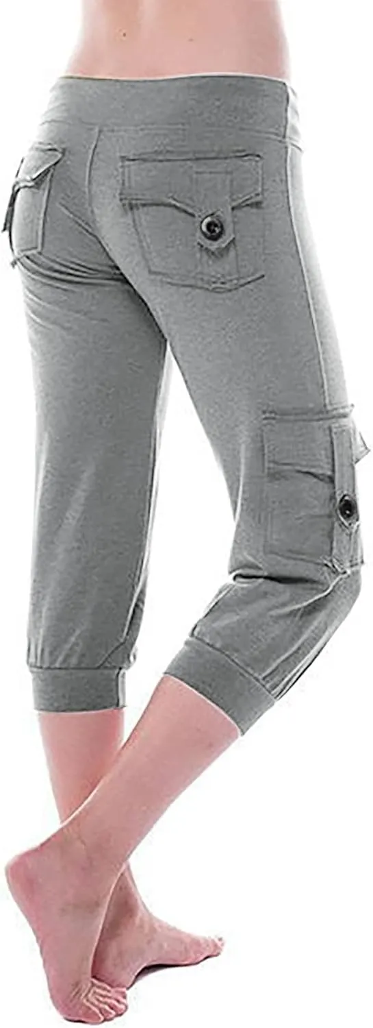 Ceboyel Capris for Women Casual Summer 3/4 Length Cropped Pants High Waist Ladies Cargo Capri Drawstring Trousers with Pocket