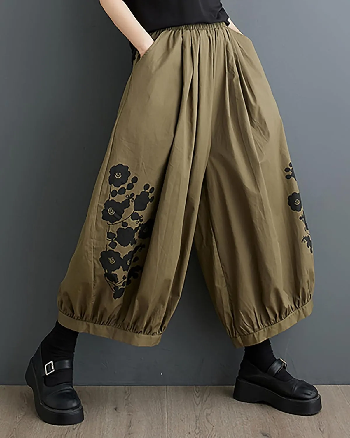 ellazhu Women's Puffy Drawstring Elastic Waist Drop Crotch Hakama Harem Wide Leg Pants GZ81 A