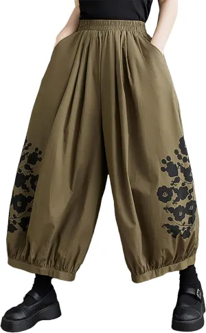 ellazhu Women's Puffy Drawstring Elastic Waist Drop Crotch Hakama Harem Wide Leg Pants GZ81 A