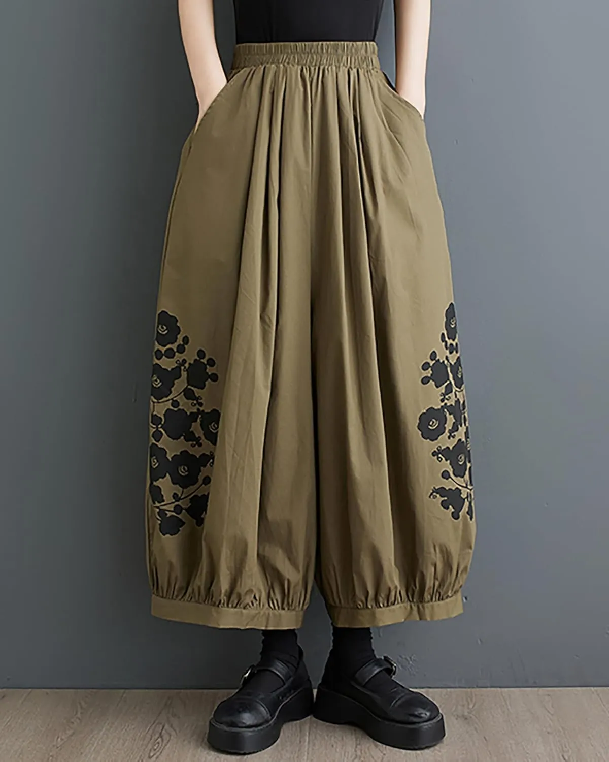 ellazhu Women's Puffy Drawstring Elastic Waist Drop Crotch Hakama Harem Wide Leg Pants GZ81 A