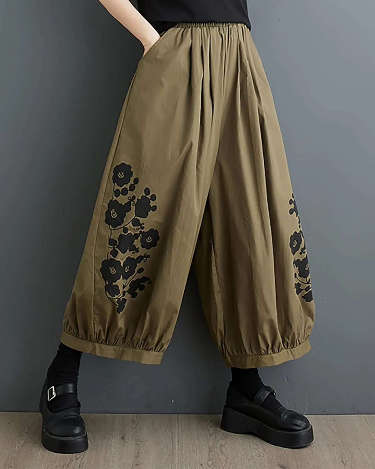 ellazhu Women's Puffy Drawstring Elastic Waist Drop Crotch Hakama Harem Wide Leg Pants GZ81 A