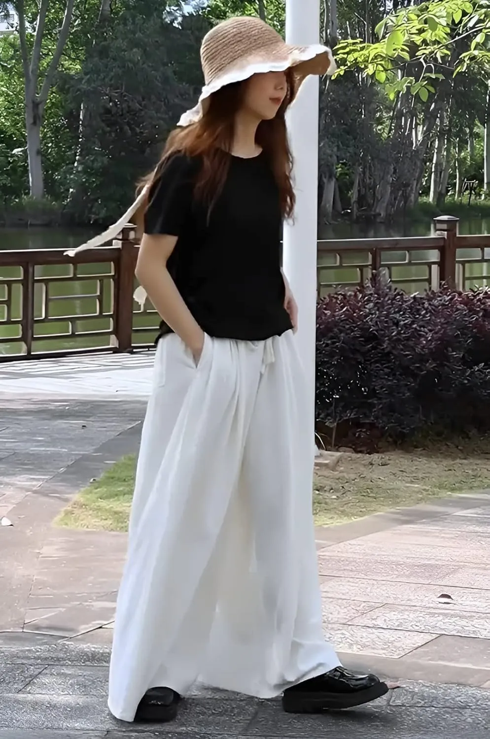 Extra Wide Leg Denim Pants for Women Long Jeans Elastic Waist with Pockets Plus Size Loose Casual