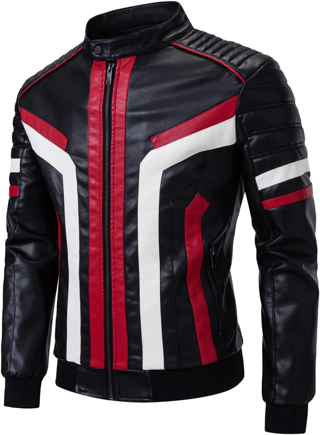 FANARCHER PU Leather Jacket Men,Color-Block Slim Fit Motorcycle Biker Riding Bomber Work Jacket for Men