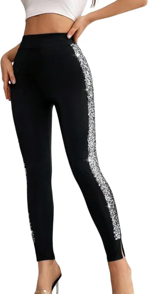 Floerns Women's Colorblock High Waist Contrast Sequin Leggings Running Yoga Workout Pants