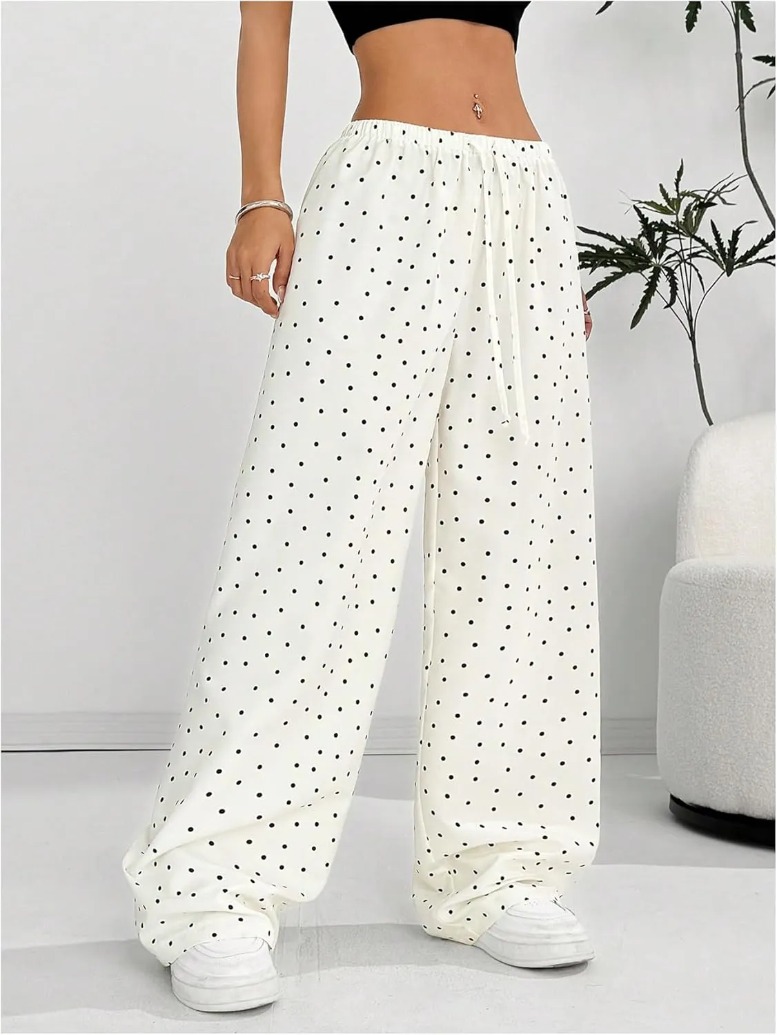 Floerns Women's Drawstring Waist Leopard Print Trousers Tie Front Wide Leg Pants