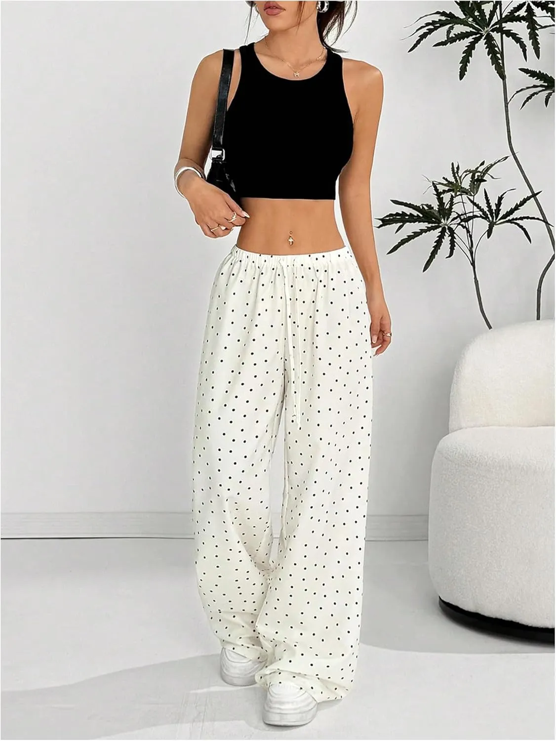 Floerns Women's Drawstring Waist Leopard Print Trousers Tie Front Wide Leg Pants