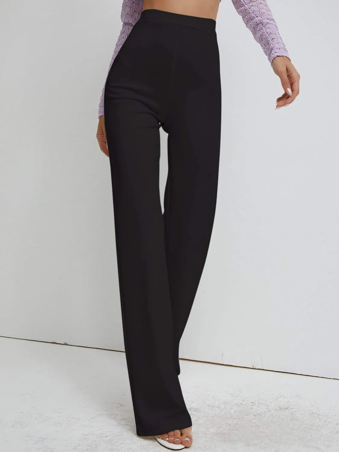 Floerns Women's Elastic High Waist Elegant Solid Striaght Leg Long Pants