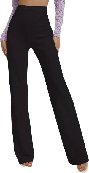 Floerns Women's Elastic High Waist Elegant Solid Striaght Leg Long Pants