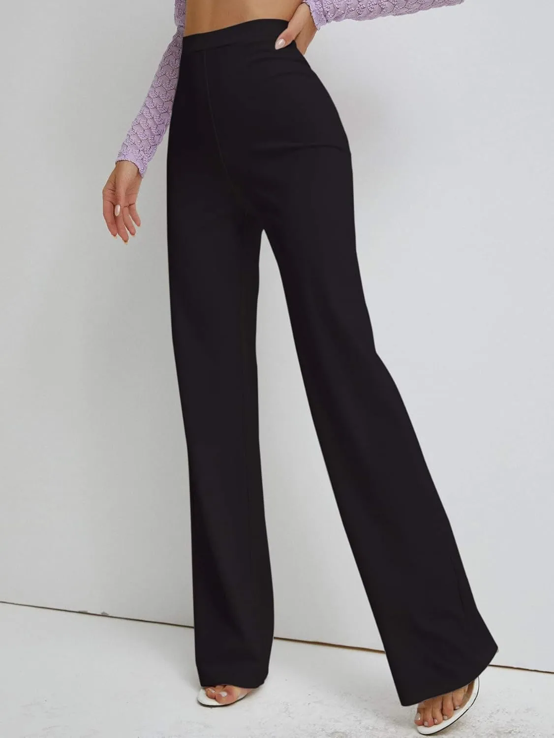 Floerns Women's Elastic High Waist Elegant Solid Striaght Leg Long Pants