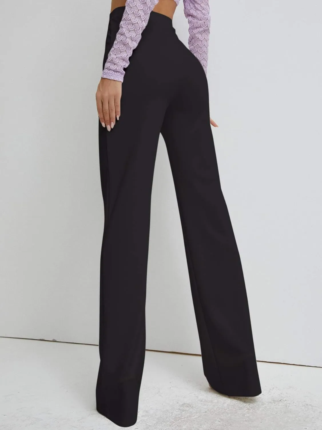 Floerns Women's Elastic High Waist Elegant Solid Striaght Leg Long Pants