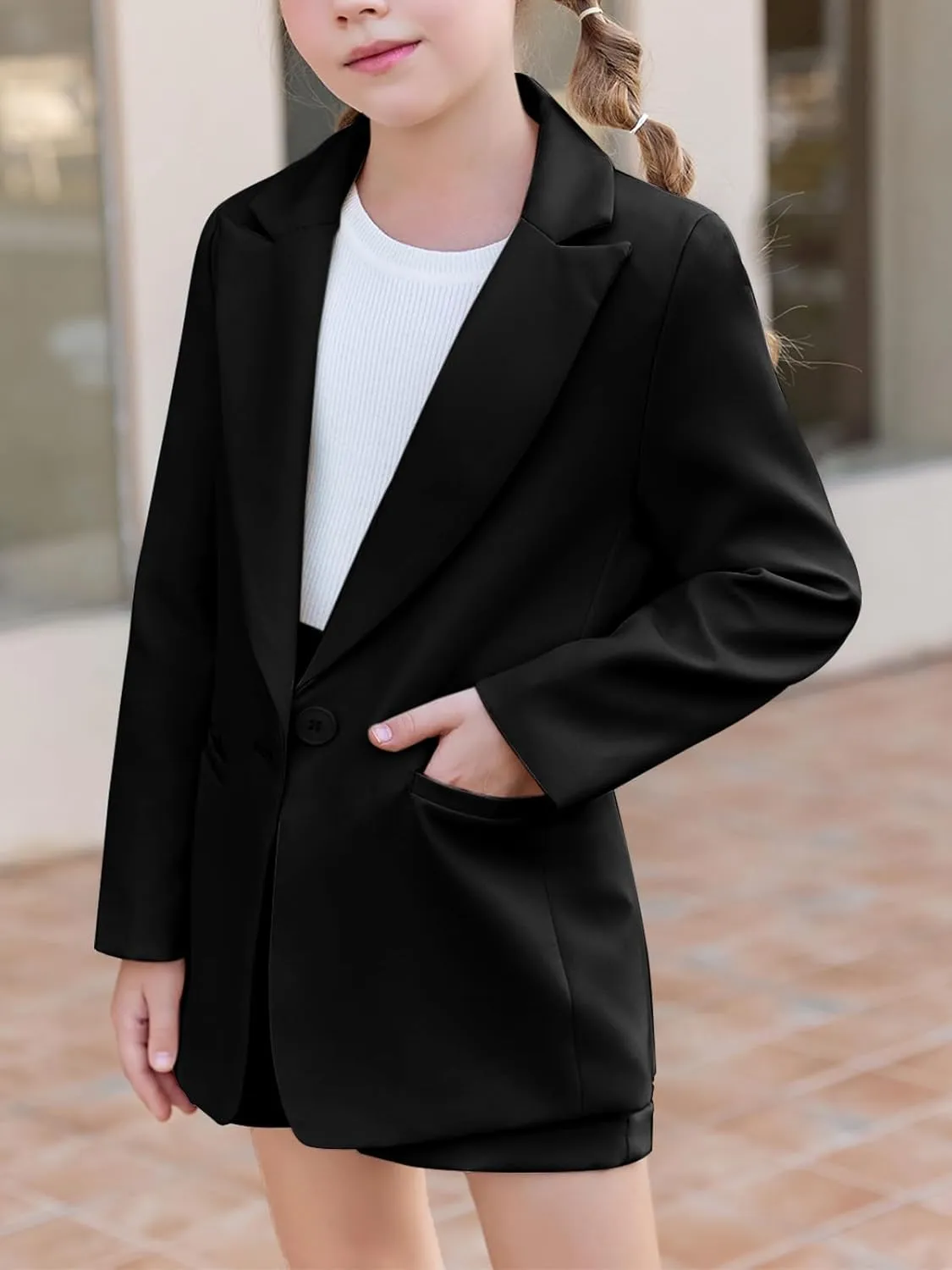 Girls 2 Piece Outfits Button Front Long Sleeve Blazer and Short Pants Suit Sets 4-14 Years