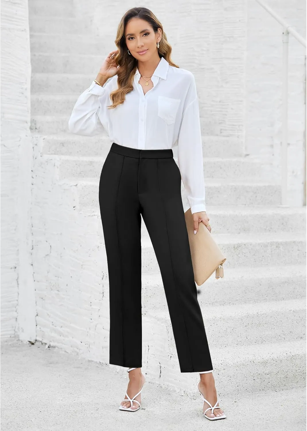 GRAPENT Dress Pants Women High Waisted Work Pants Dressy Casual Straight Leg Elastic Waist Cropped Trousers Ankle Slacks