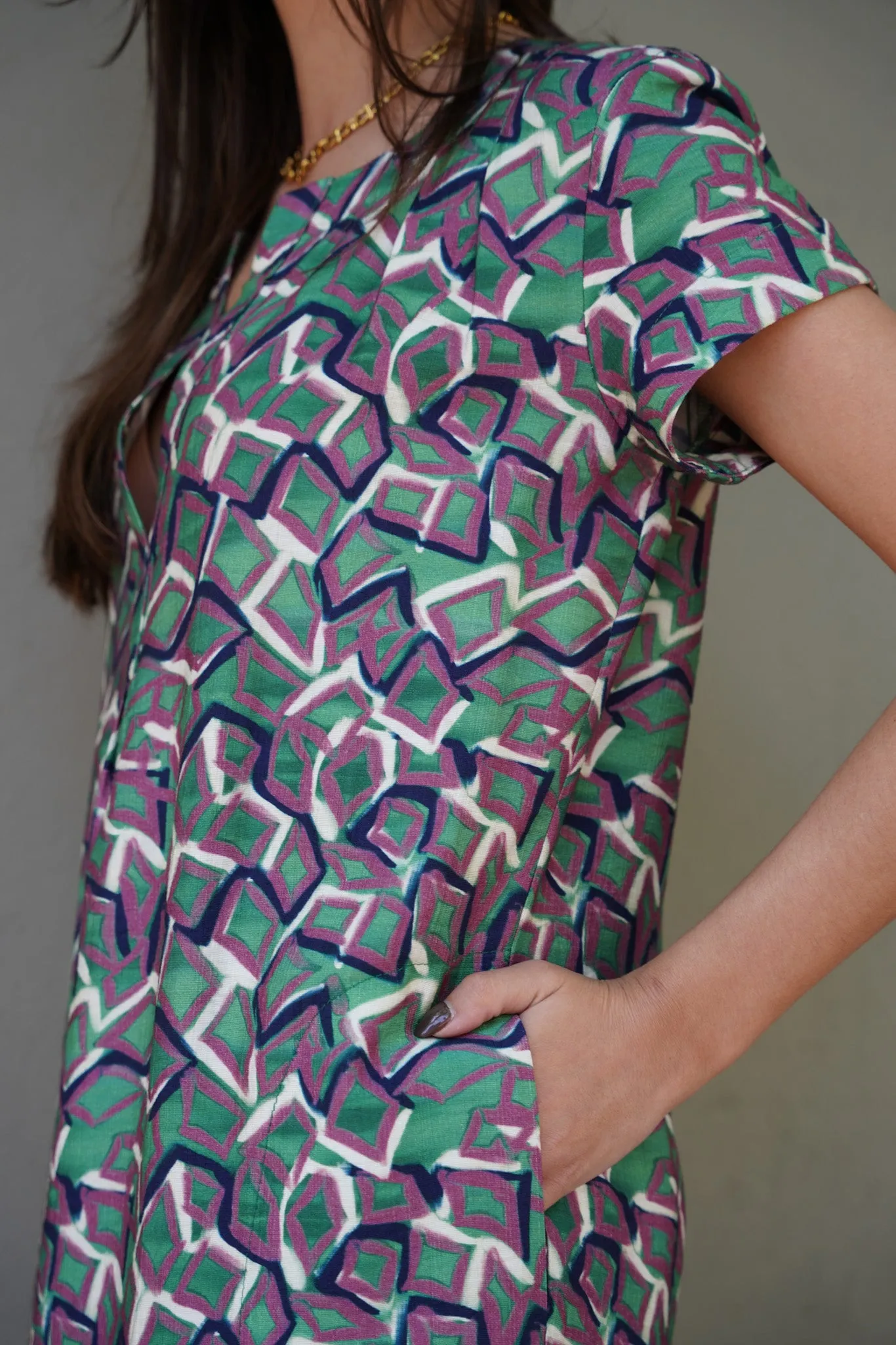 Green & Plum Curve Hem Dress