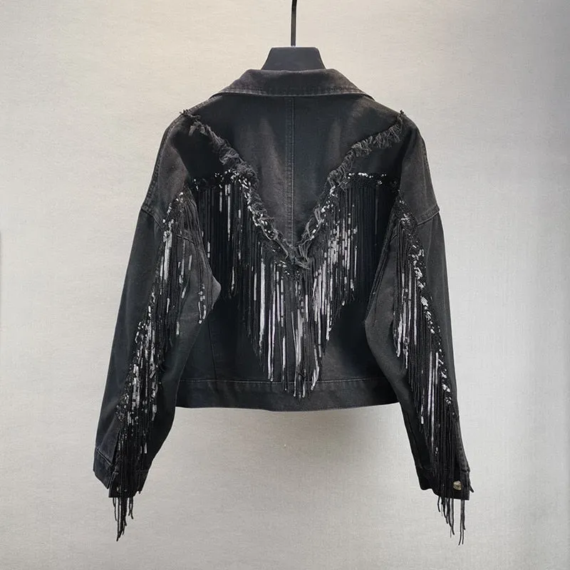 Jean Jacket Woman Fringed Sequined Denim Jacket 2020 Spring New Retro BF Loose Short Jeans Jacket Top Chaqueta Chaquetas Jackets