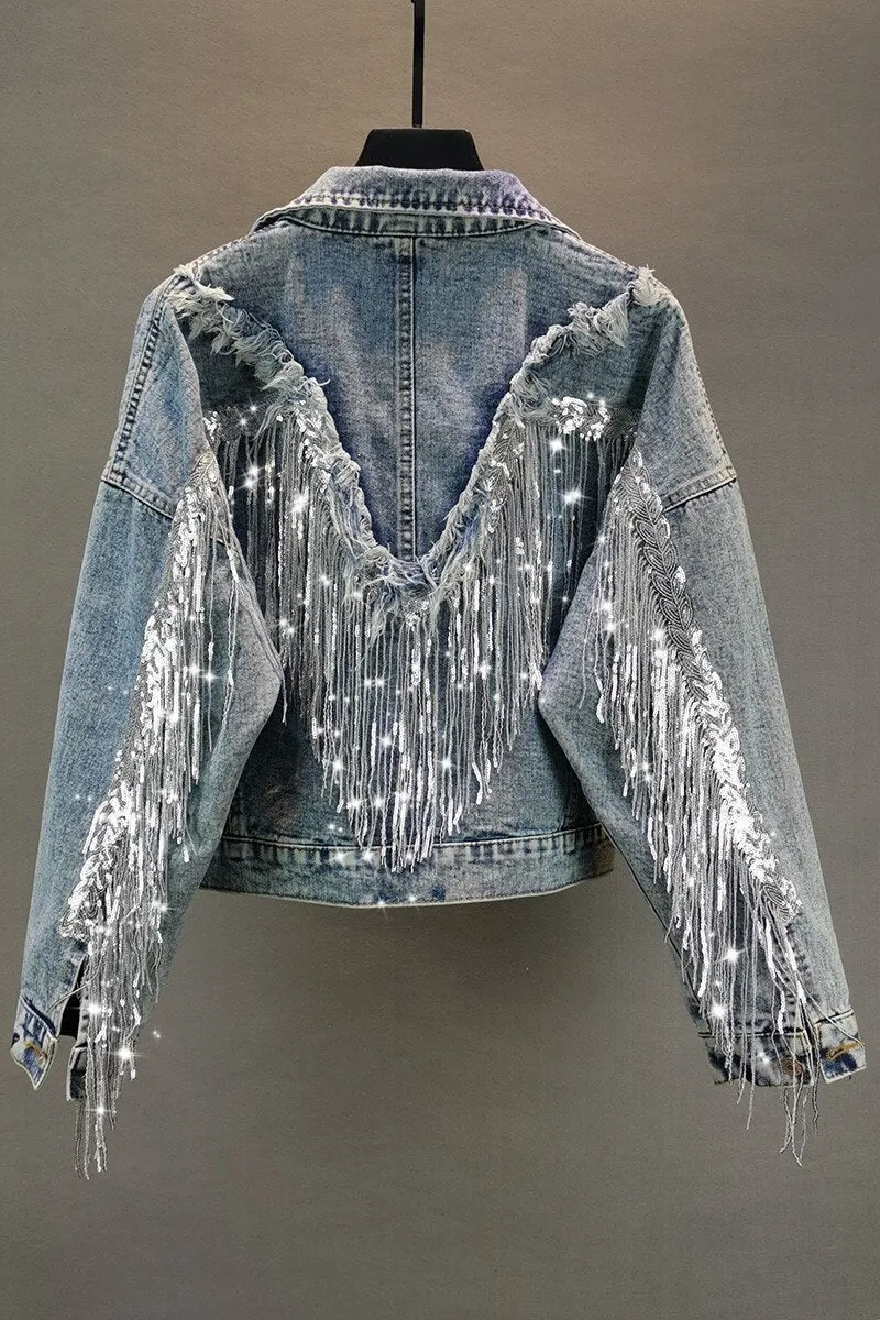 Jean Jacket Woman Fringed Sequined Denim Jacket 2020 Spring New Retro BF Loose Short Jeans Jacket Top Chaqueta Chaquetas Jackets