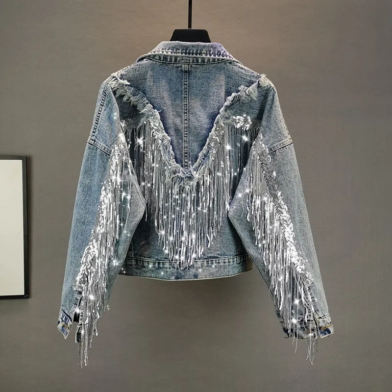 Jean Jacket Woman Fringed Sequined Denim Jacket 2020 Spring New Retro BF Loose Short Jeans Jacket Top Chaqueta Chaquetas Jackets