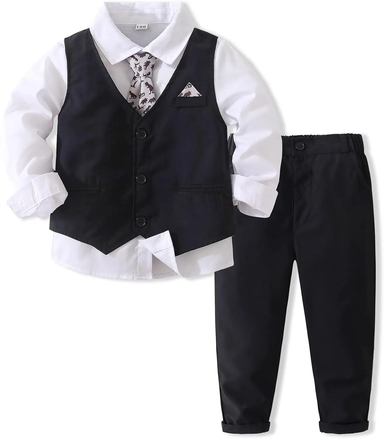 Kimocat Boys' 4-Piece Formal Suit Set Dress Shirt Vest Pants and Tie Wedding Birthday Party Suit