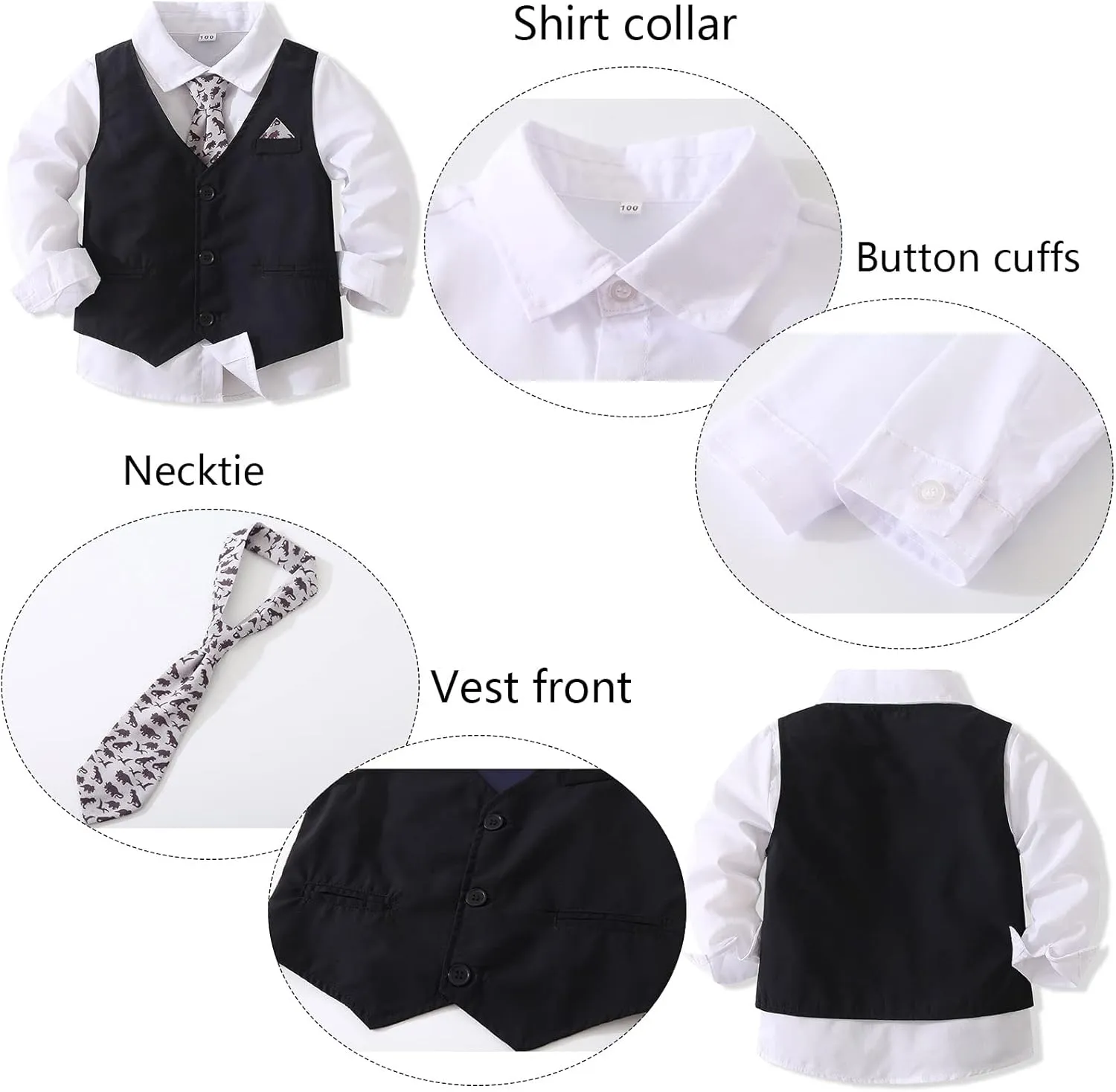 Kimocat Boys' 4-Piece Formal Suit Set Dress Shirt Vest Pants and Tie Wedding Birthday Party Suit