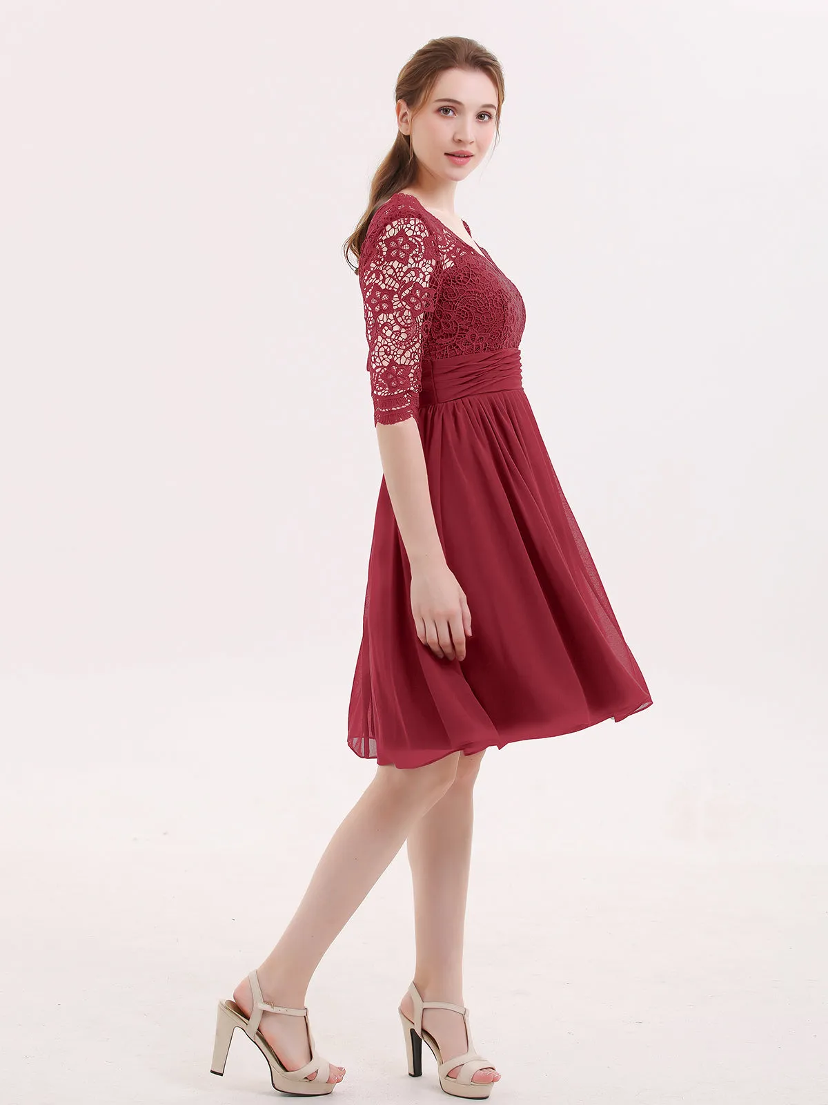 Lace and Chiffon Short Dress with Half Sleeves Burgundy