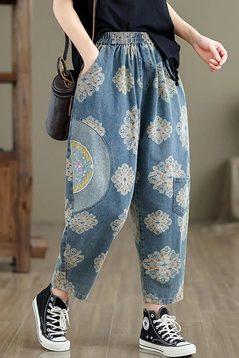 LAI MENG FIVE CATS Women's Baggy Jeans Pattern Elastic Waist Casual Harem Pants with Pockets