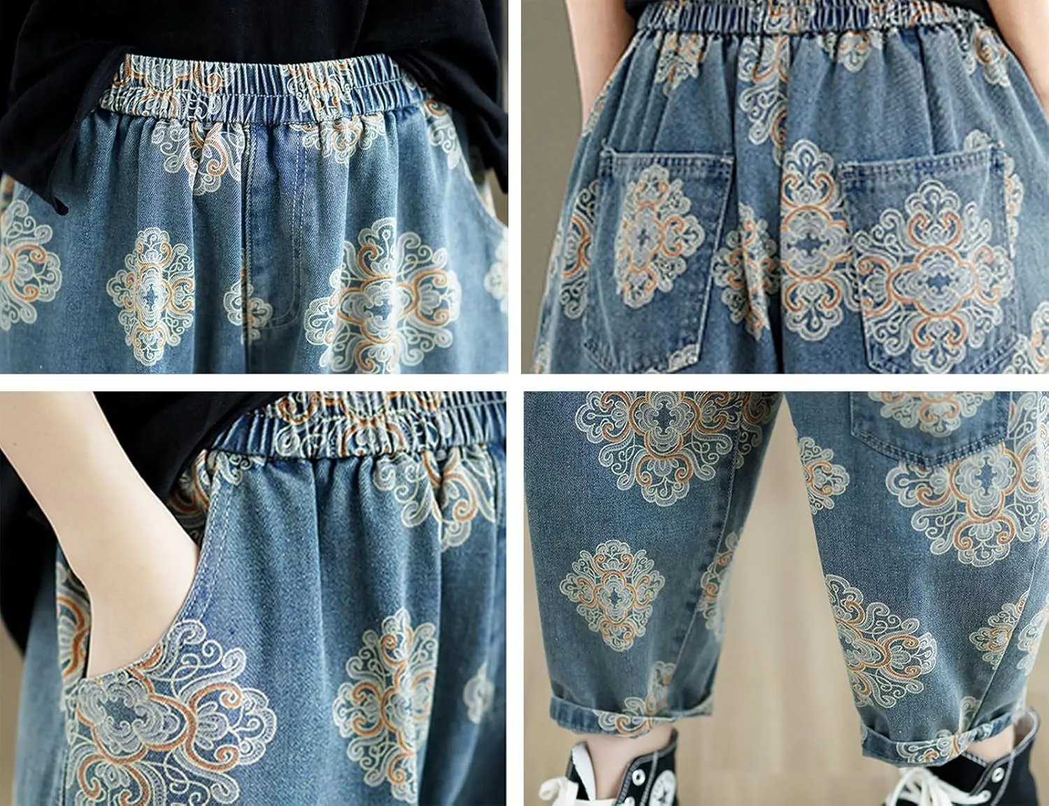 LAI MENG FIVE CATS Women's Baggy Jeans Pattern Elastic Waist Casual Harem Pants with Pockets