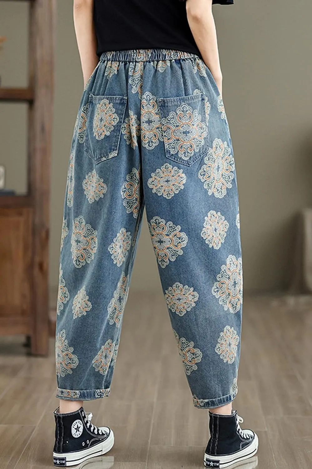 LAI MENG FIVE CATS Women's Baggy Jeans Pattern Elastic Waist Casual Harem Pants with Pockets