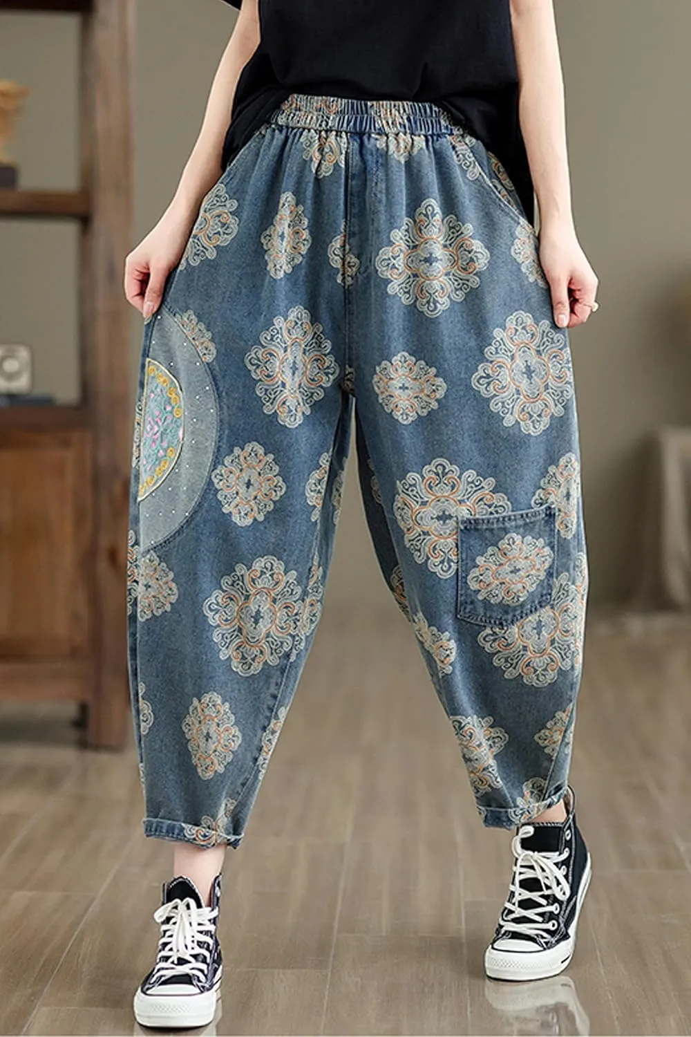LAI MENG FIVE CATS Women's Baggy Jeans Pattern Elastic Waist Casual Harem Pants with Pockets