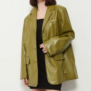 Leather Blazer Coat - Vintage Green Single Breasted
