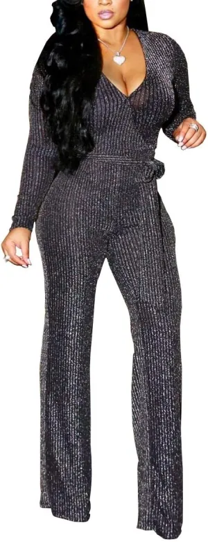 LightlyKiss Women Casual Sexy V Neck Sparkly Jumpsuits Long Sleeve Onesie Loose Pants Party Clubwear with Belt