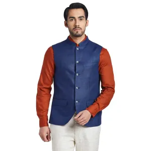 Men Blue Yarn Dyed Linen Waist Coat