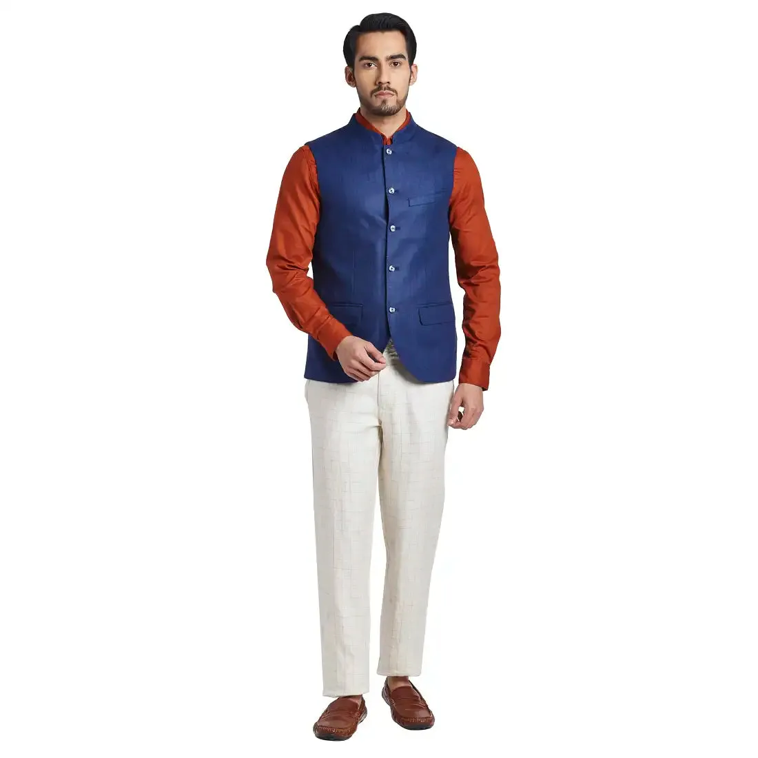Men Blue Yarn Dyed Linen Waist Coat
