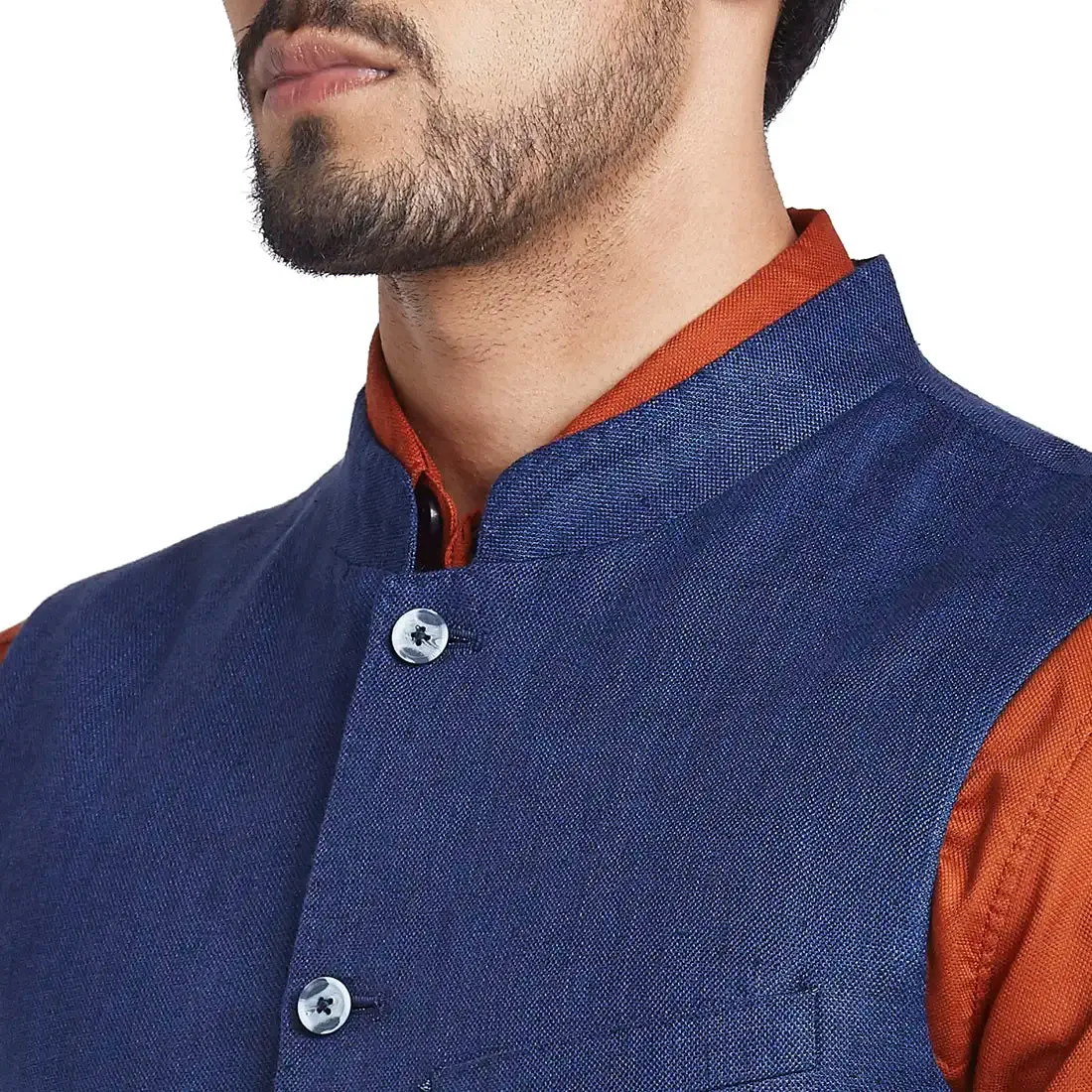 Men Blue Yarn Dyed Linen Waist Coat