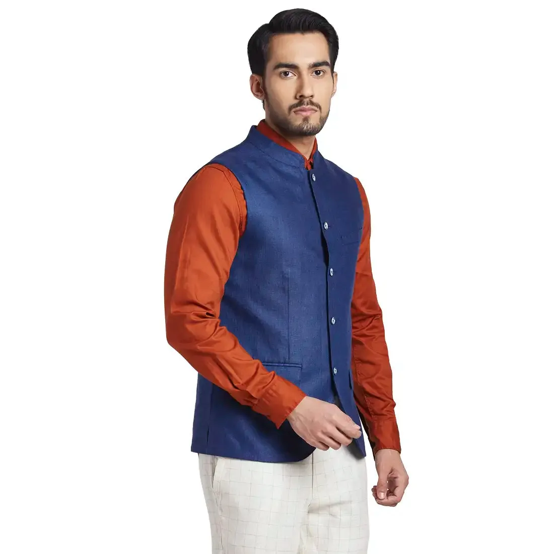 Men Blue Yarn Dyed Linen Waist Coat