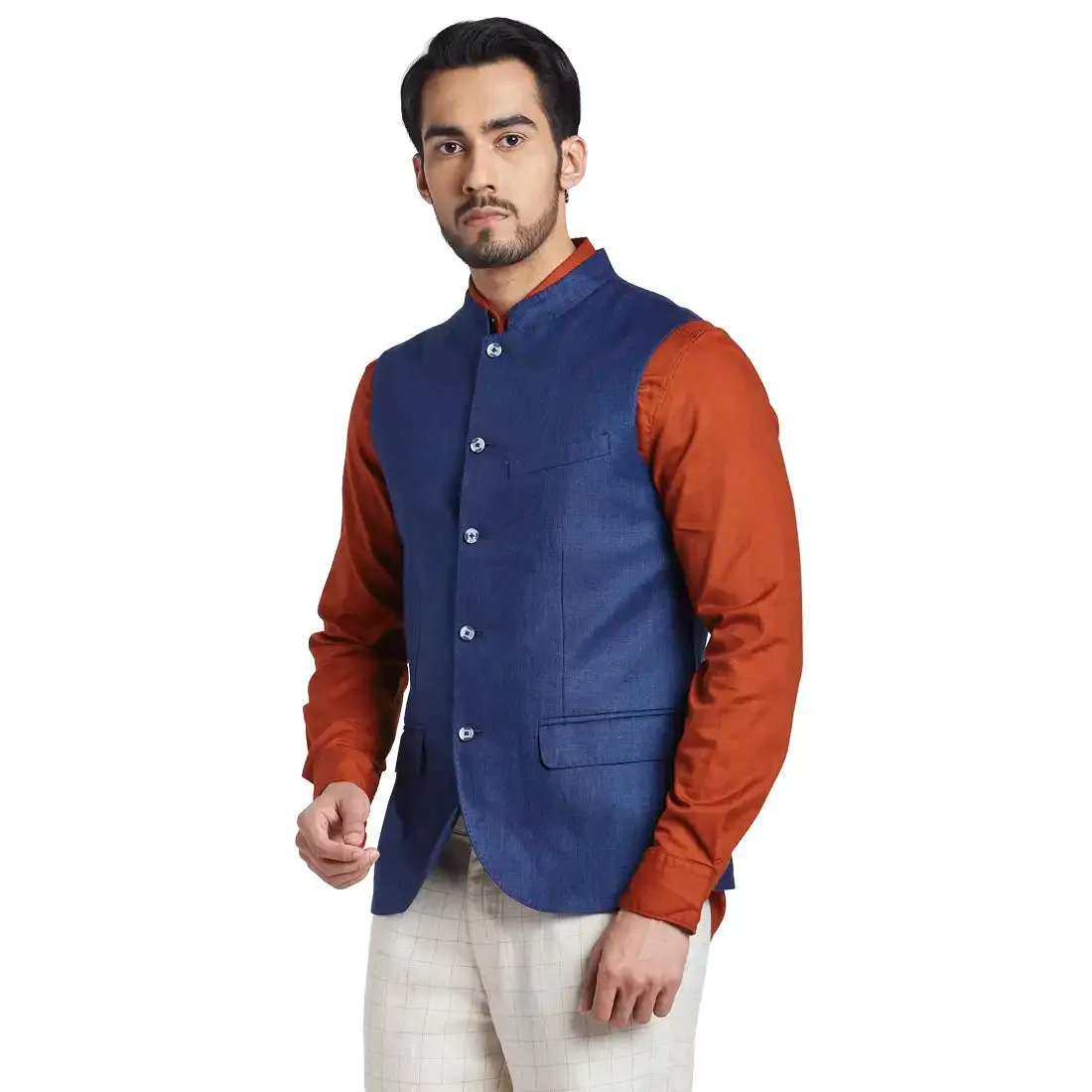 Men Blue Yarn Dyed Linen Waist Coat