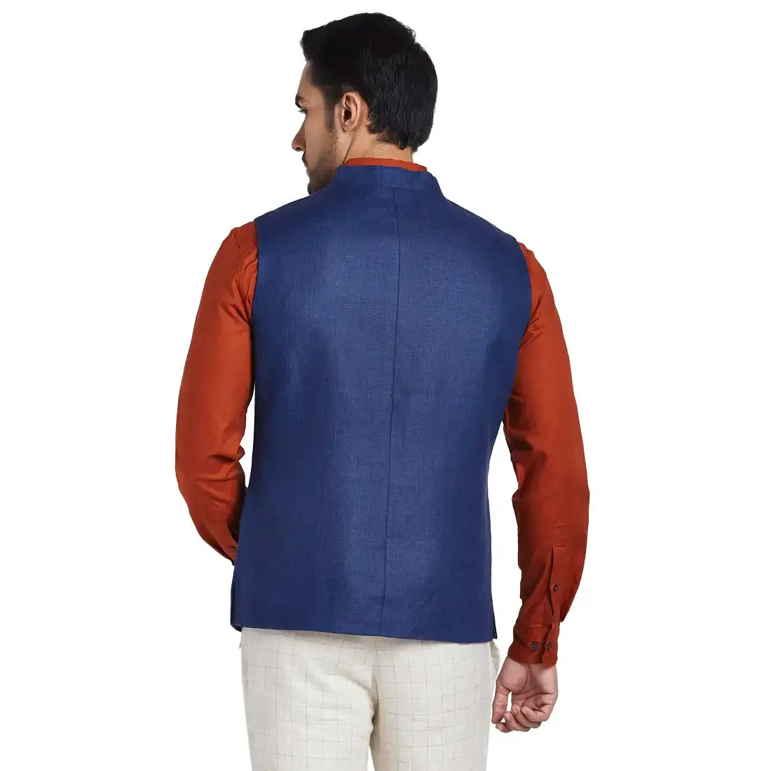 Men Blue Yarn Dyed Linen Waist Coat