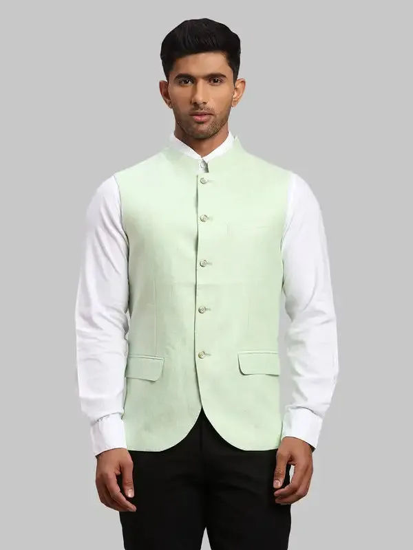 Men Green Chambray Linen Waist Coat
