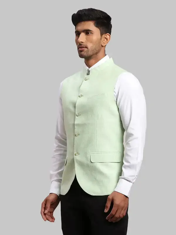 Men Green Chambray Linen Waist Coat