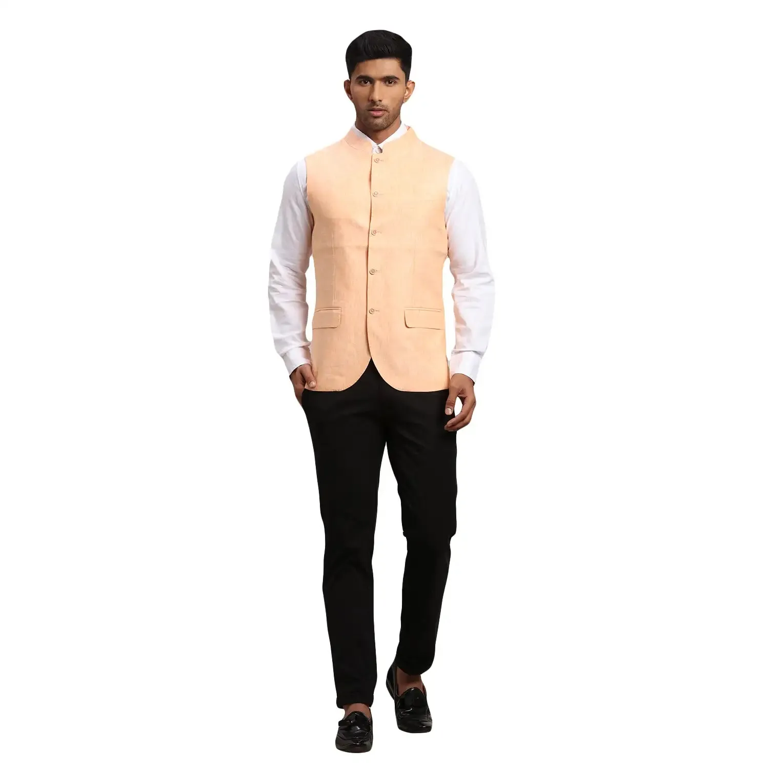 Men Orange Chambray Linen Waist Coat