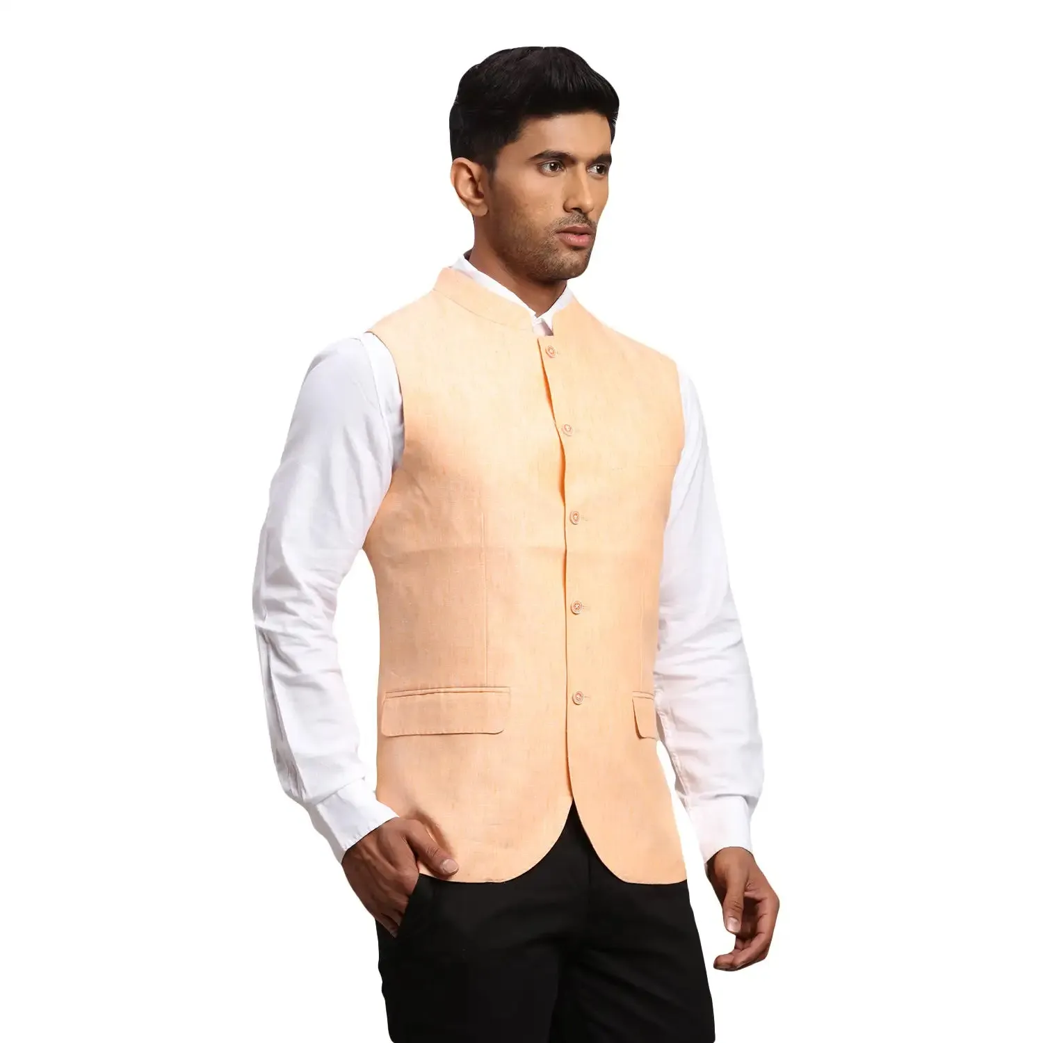 Men Orange Chambray Linen Waist Coat