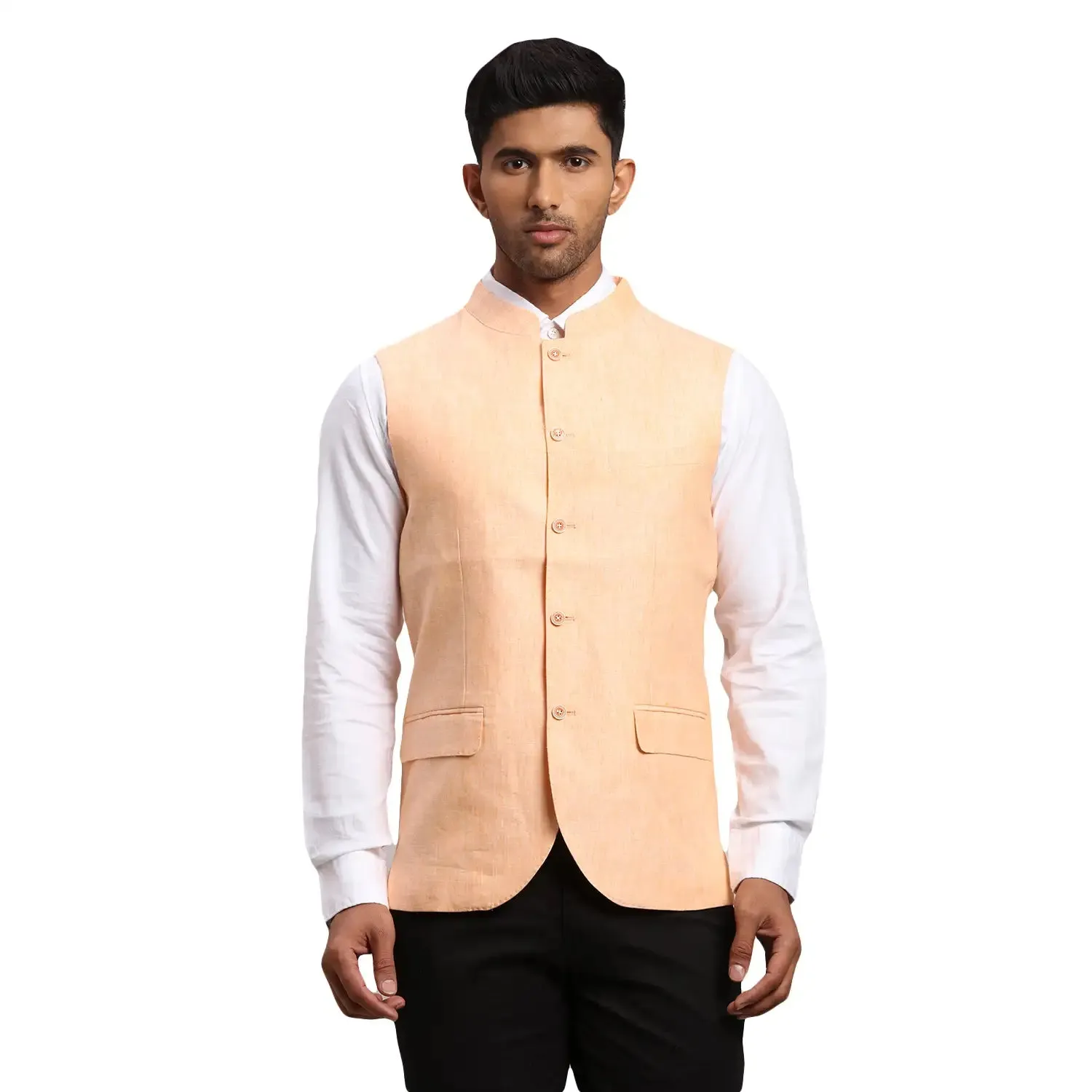 Men Orange Chambray Linen Waist Coat