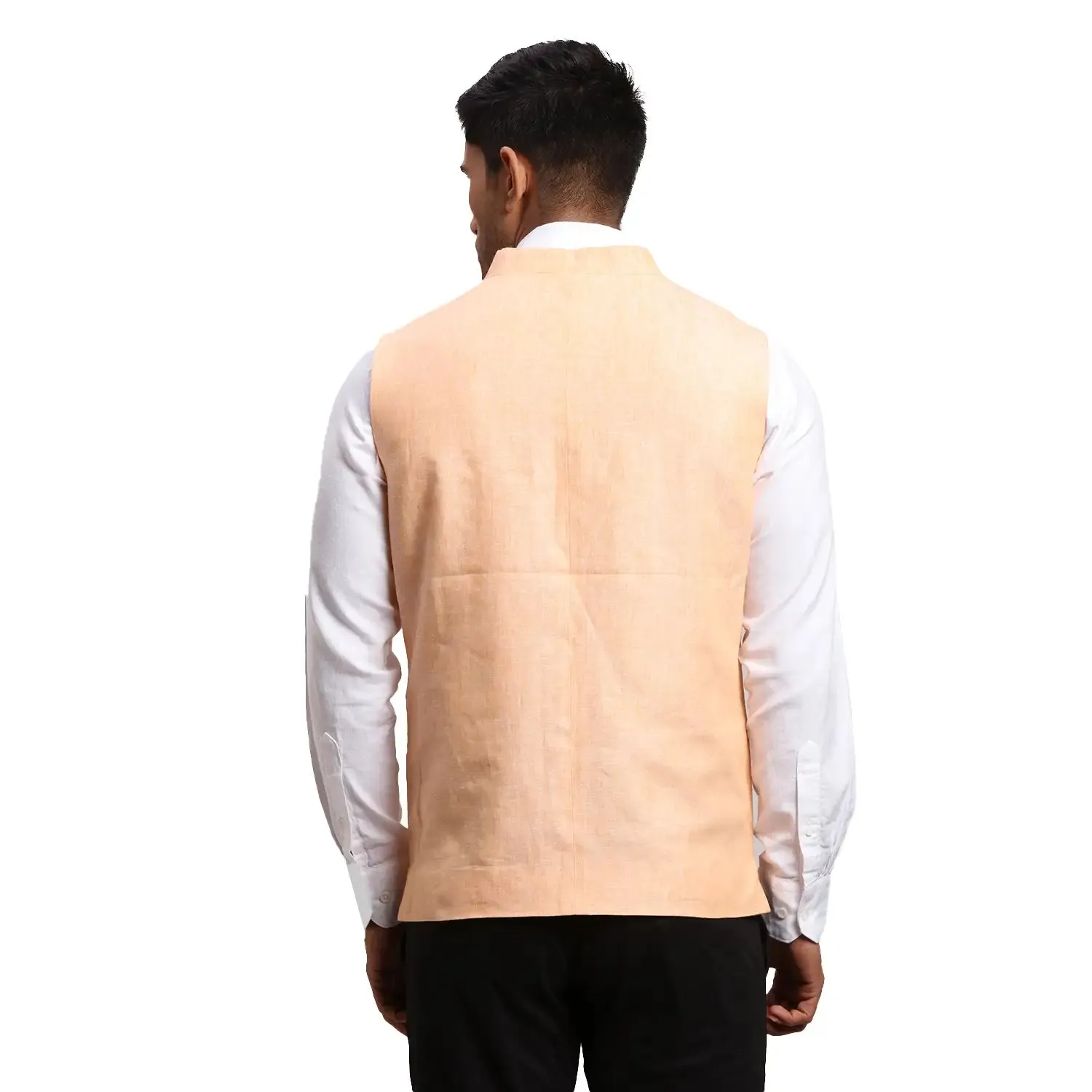Men Orange Chambray Linen Waist Coat