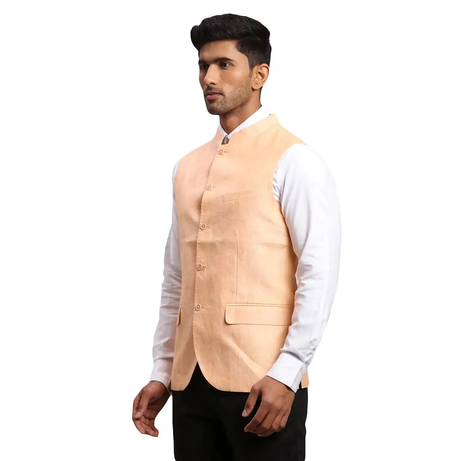 Men Orange Chambray Linen Waist Coat