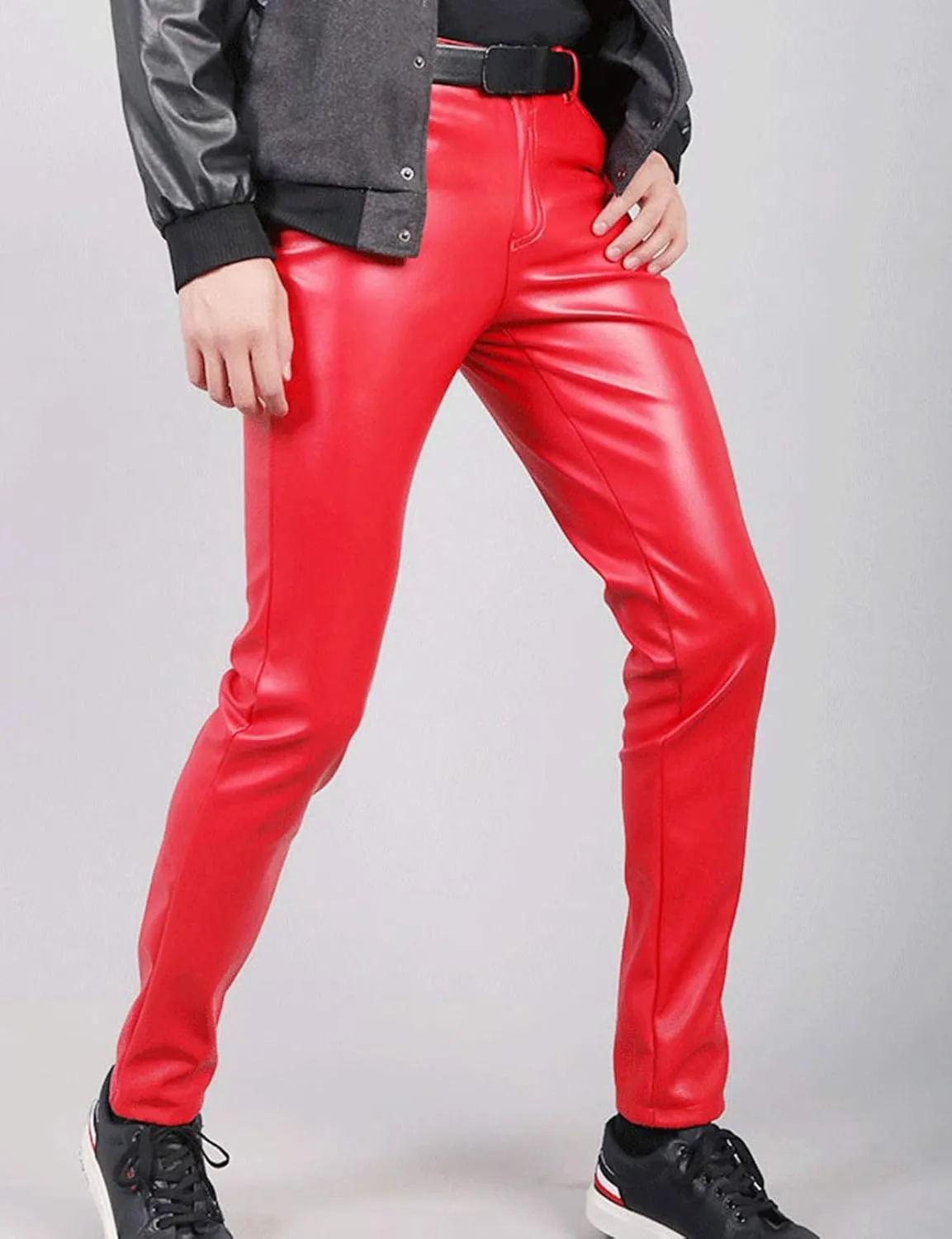 Men`s Business Slim Fit Five Pockets Faux Leather Pants Jeans