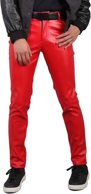 Men`s Business Slim Fit Five Pockets Faux Leather Pants Jeans